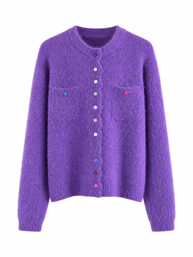 Vibrant Rainbow Buttoned Knit Cardigan