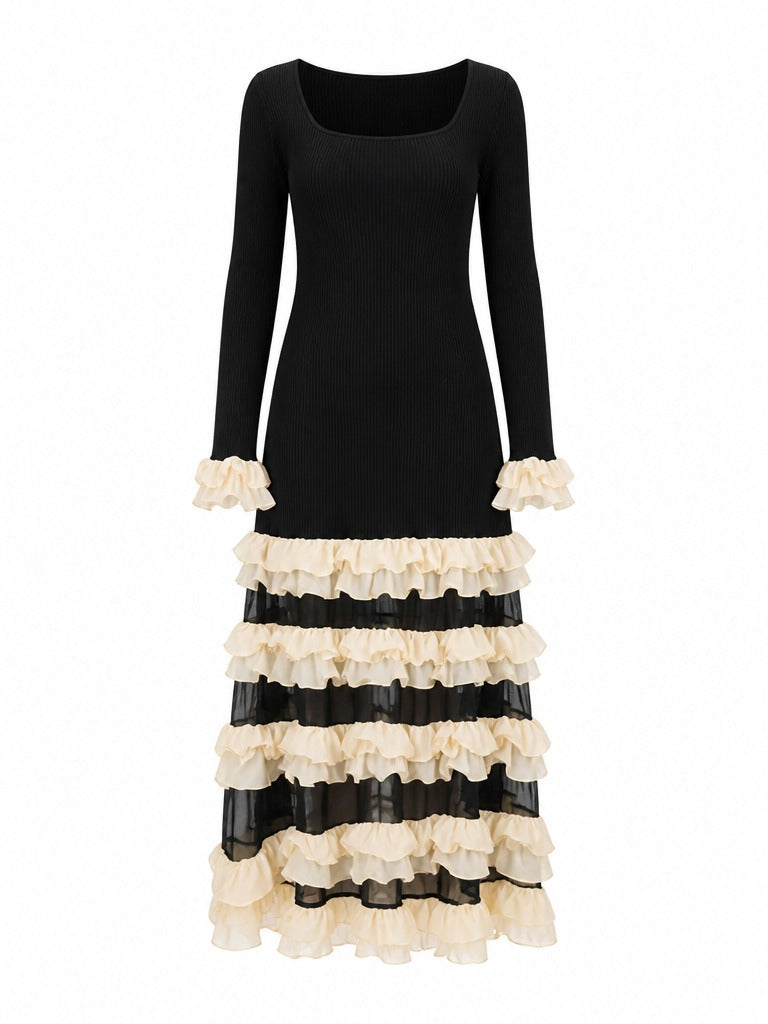 Elegant Ruffled Knit Maxi Dress