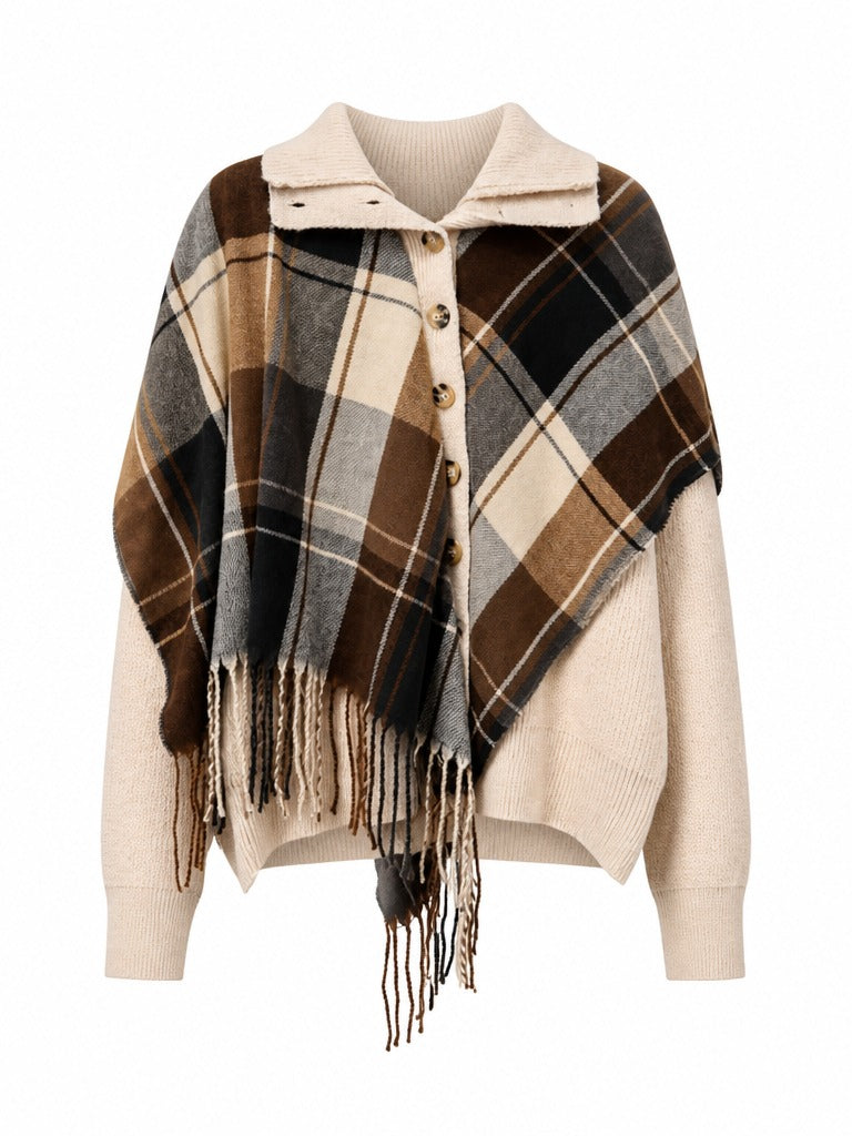 Grounded Plaid Fringe Knit Cardigan