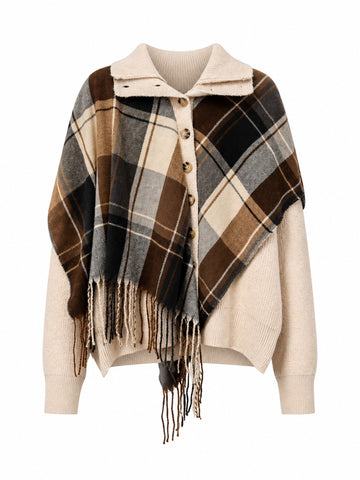 Grounded Plaid Fringe Knit Cardigan