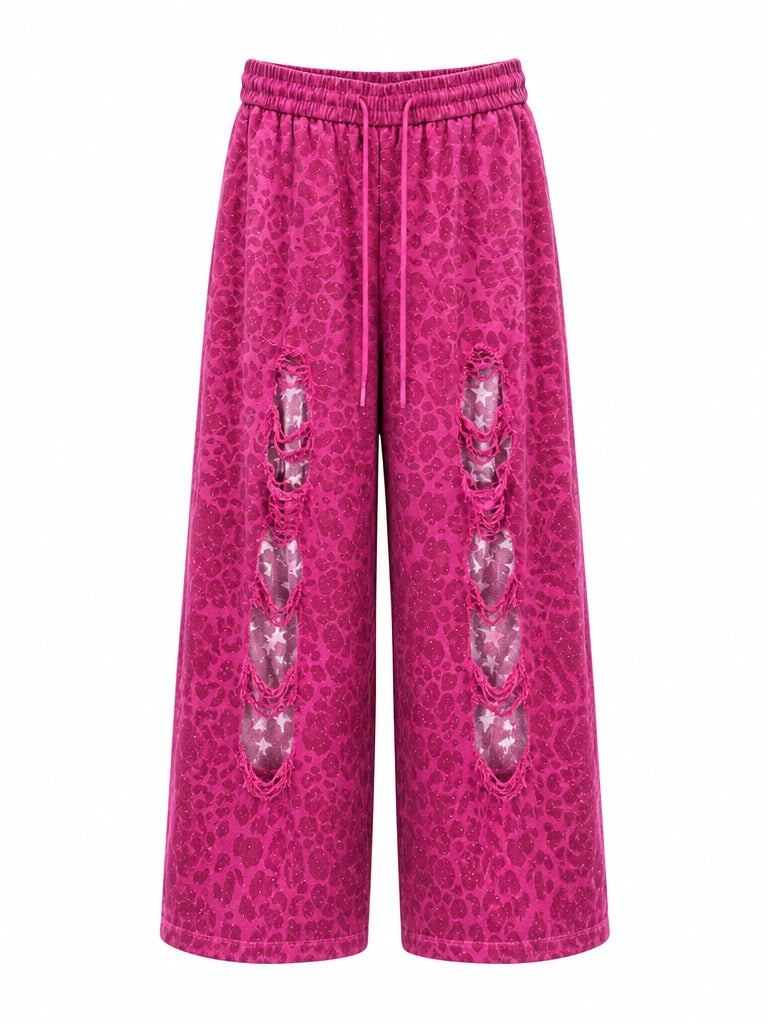 Daring Leopard Ripped Wide Leg Trousers
