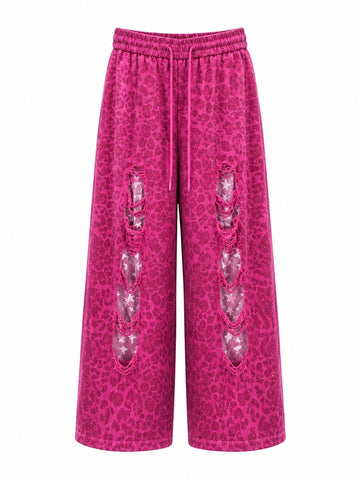 Daring Leopard Ripped Wide Leg Trousers