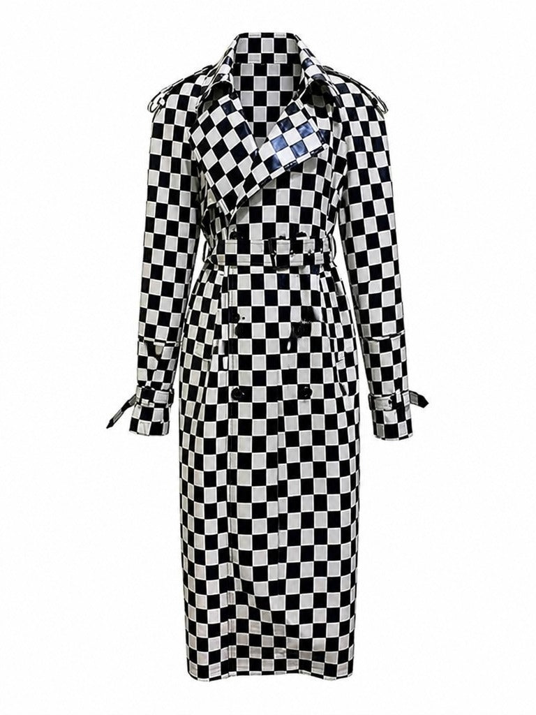 Audacious Checkered Faux Leather Trenchcoat