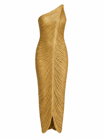 Radiant Gold Ruched Maxi Dress
