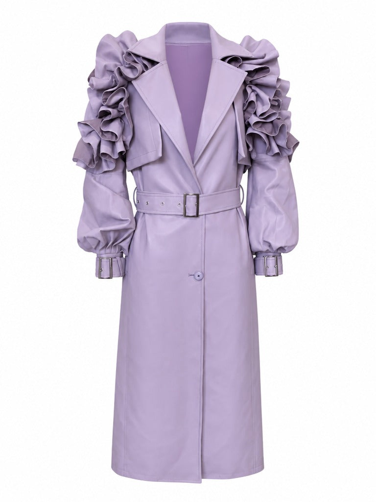Audacious Ruffled Faux Leather Trench Coat