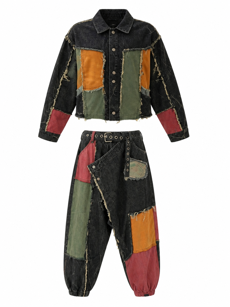 Unique Distressed Patchwork Denim Set