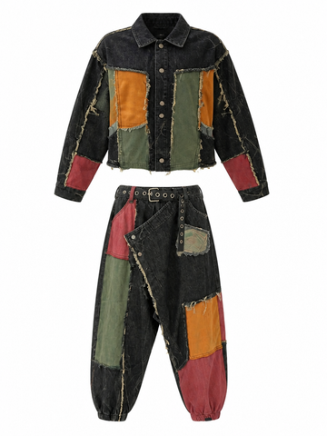 Unique Distressed Patchwork Denim Set