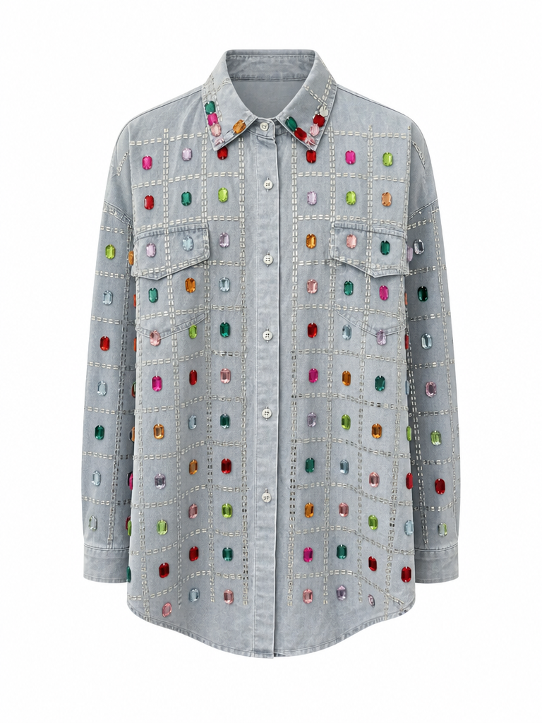 Vibrant Rhinestone Denim Blouse