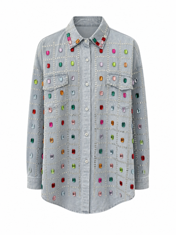 Vibrant Rhinestone Denim Blouse