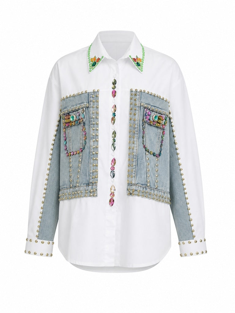 Audacious Beaded Rivet Denim Blouse
