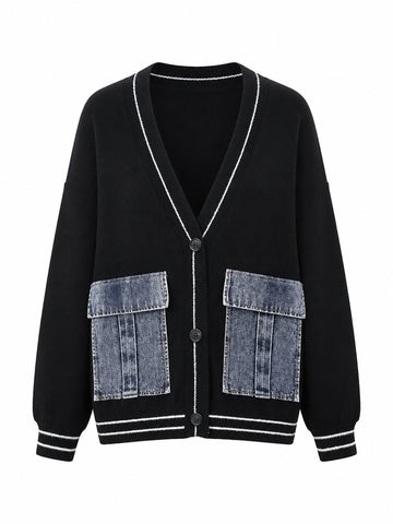 Distinctive Denim Patchwork Knit Cardigan
