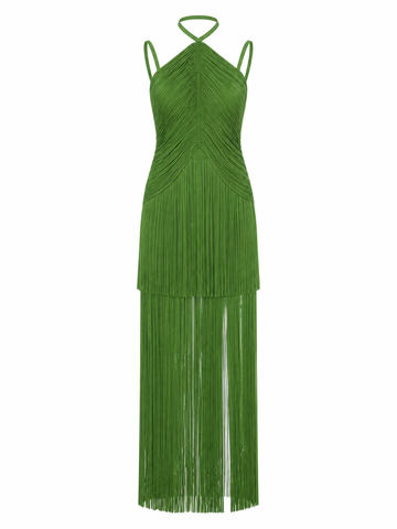 Vibrant Fringe Halter Maxi Dress