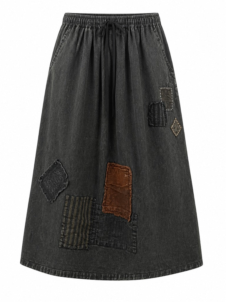 Unique Patchwork Denim Maxi Skirt