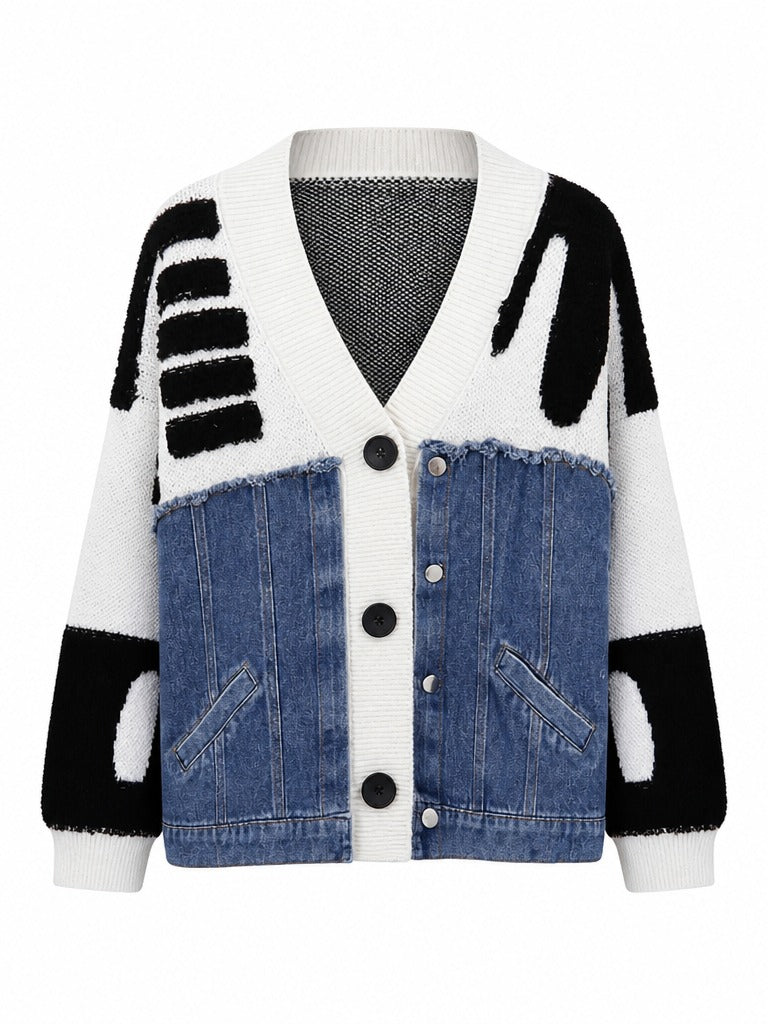 Unique Denim Patchwork Knit Cardigan