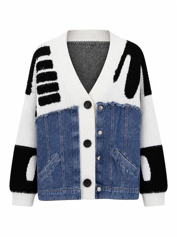 Unique Denim Patchwork Knit Cardigan