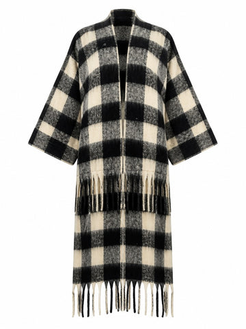 Grounded Plaid Tassel Long Coat