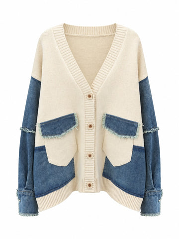 Unique Patchwork Knit Denim Cardigan