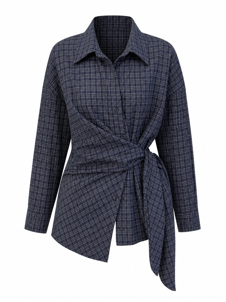 Grounded Plaid Tie-Waist Blouse