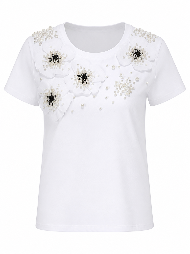 Radiant Pearl Embroidered Cotton T-Shirt