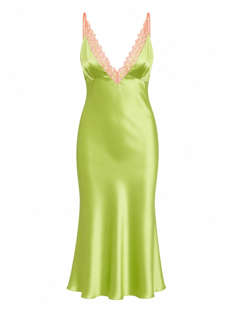 Radiant Satin Lace Trim Maxi Dress