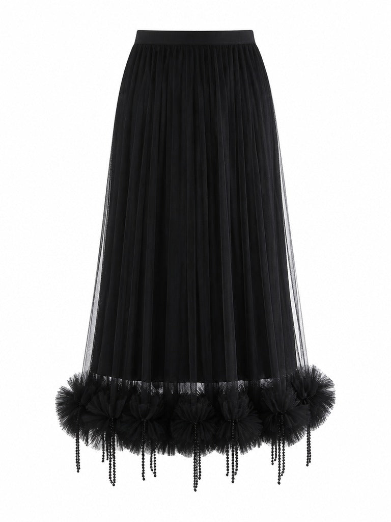 Audacious Pleated Mesh Tassel Skirt