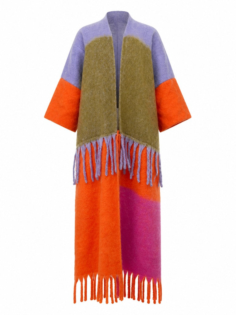 Vibrant Tassel Colorblock Kimono Coat