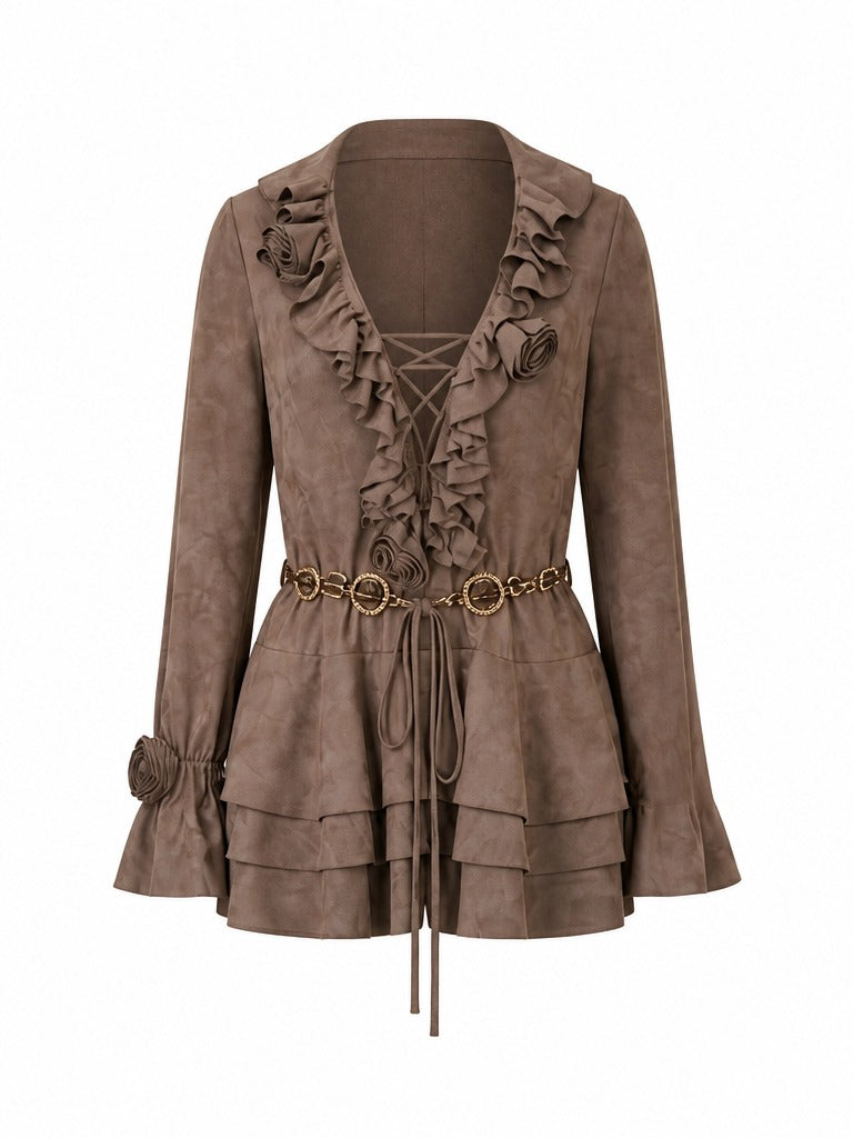 Elegant Ruffled Suede Shorts Set
