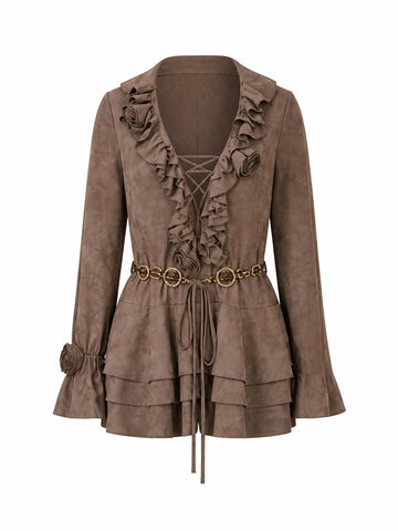 Elegant Ruffled Suede Shorts Set