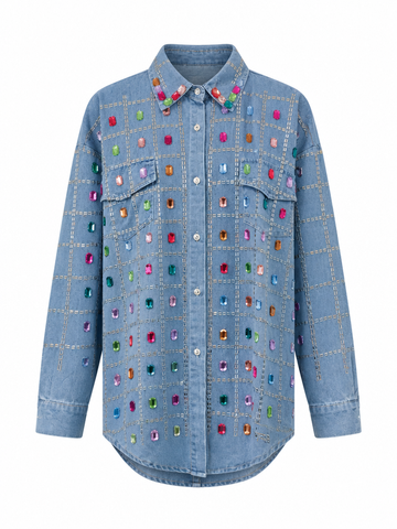 Vibrant Rhinestone Denim Blouse