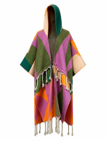 Vibrant Geometric Tassel Hooded Kaftan