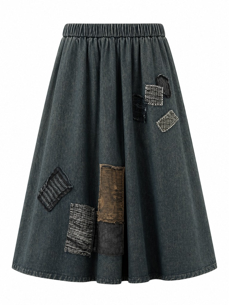 Unique Patchwork Denim Maxi Skirt