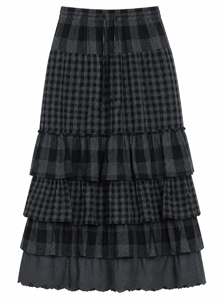 Grounded Plaid Tiered Maxi Skirt