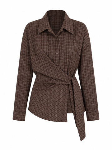 Grounded Plaid Tie-Waist Blouse