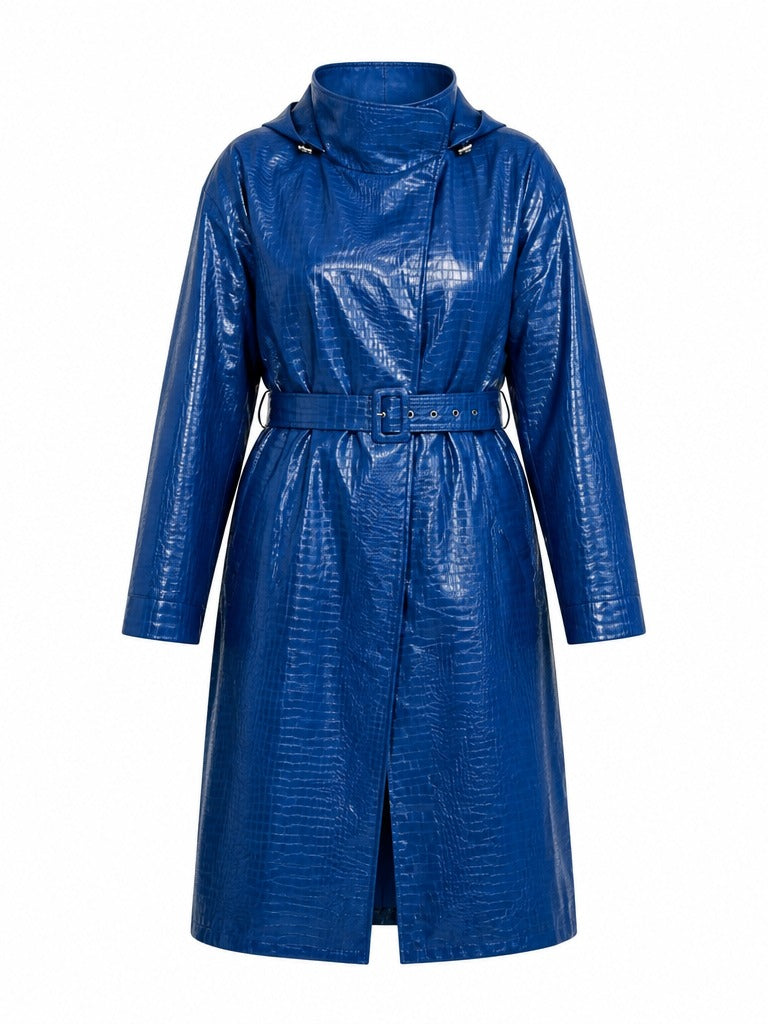 Vibrant Faux Leather Hooded Trench Coat