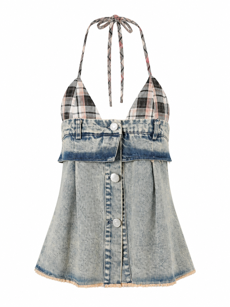 Daring Plaid Denim Halter Top