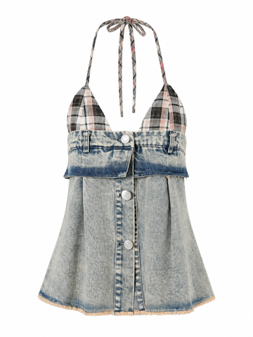 Daring Plaid Denim Halter Top