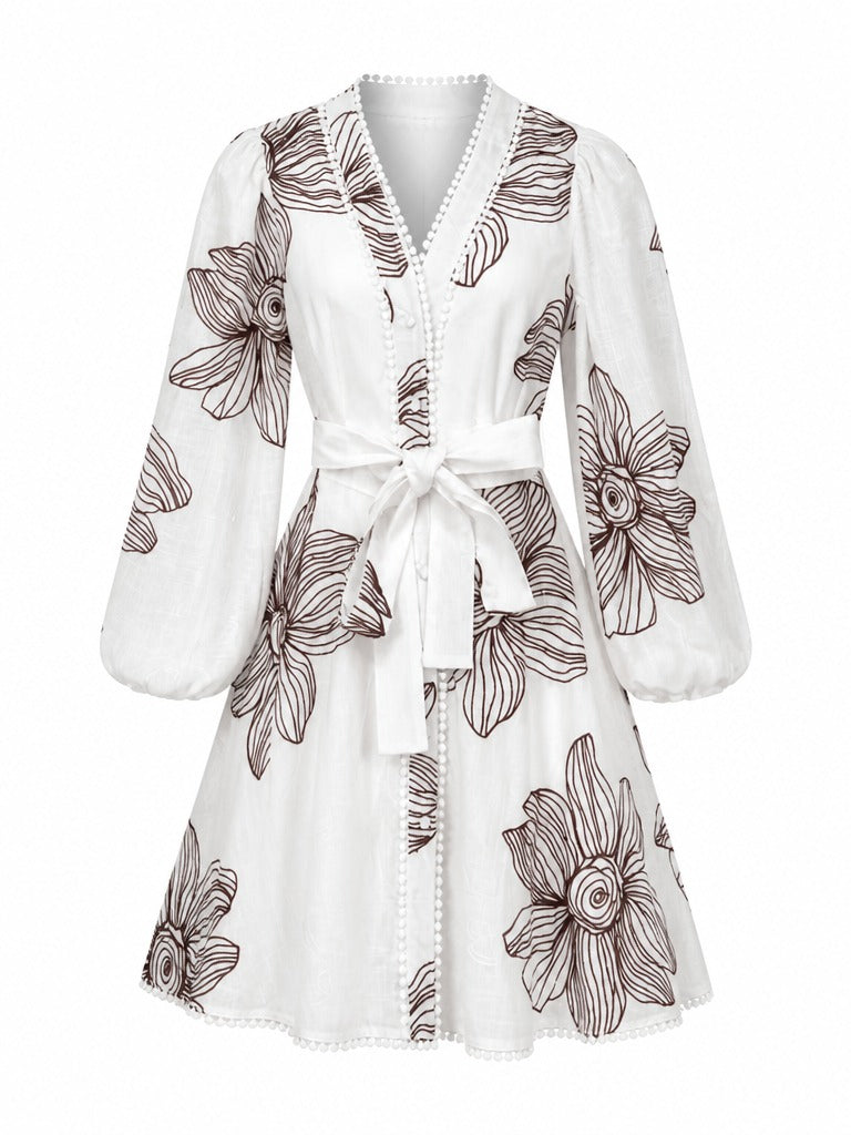 Wanderlust Embroidered Puff Sleeve Mini Dress
