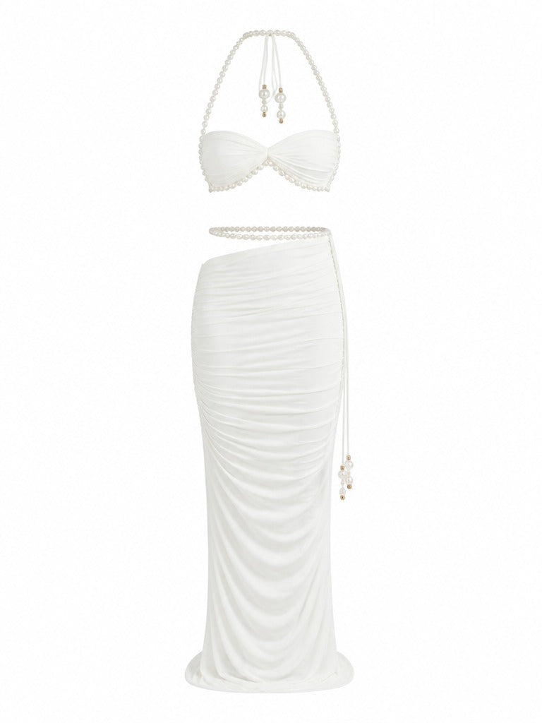 Elegant Pearl Ruched Two-Piece Set