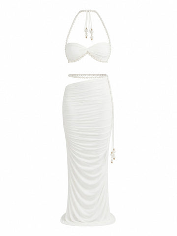 Elegant Pearl Ruched Two-Piece Set