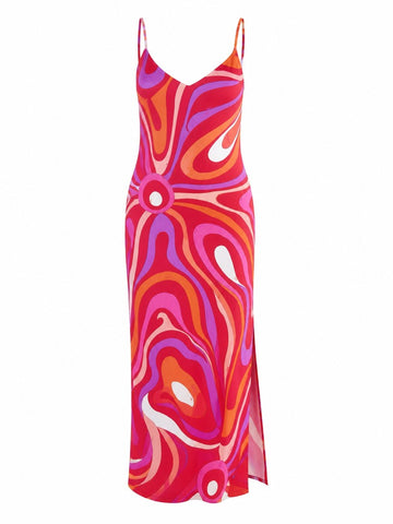 Vibrant Printed Satin Midi Dress