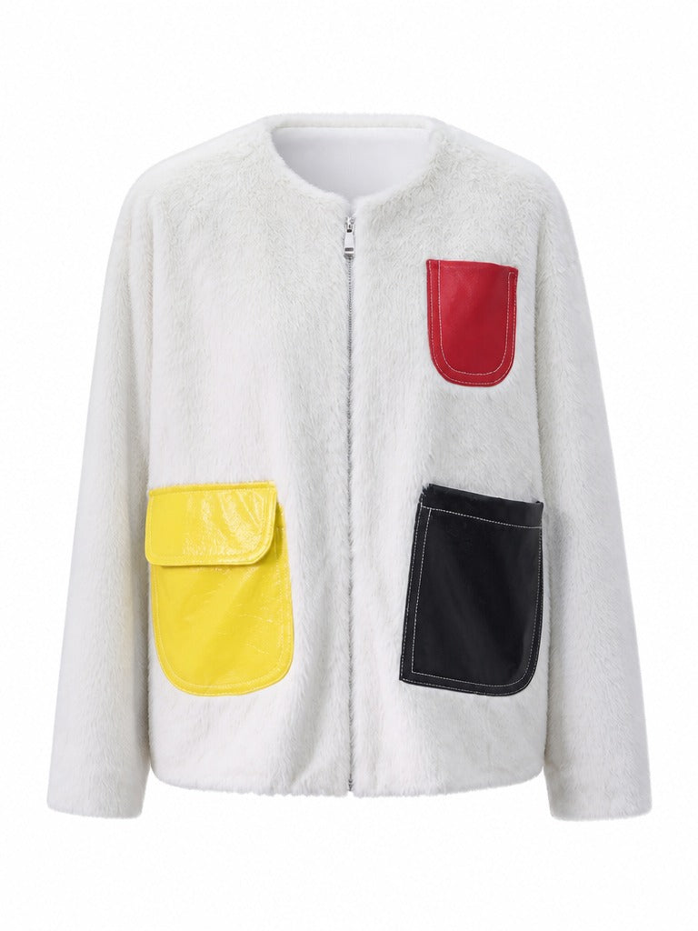 Vibrant Patchwork Faux Fur Jacket