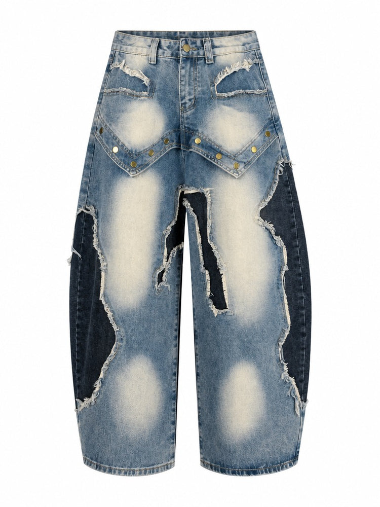 Audacious Patchwork Distressed Wide Jeans