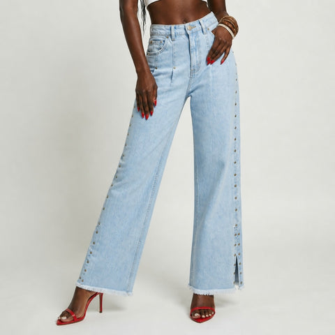 Audacious Studded Slit Wide Leg Jeans