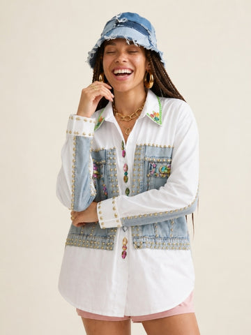 Audacious Beaded Rivet Denim Blouse