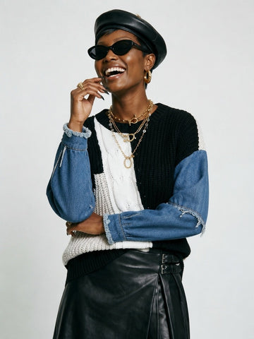 Audacious Denim Knit Patchwork Sweatshirt