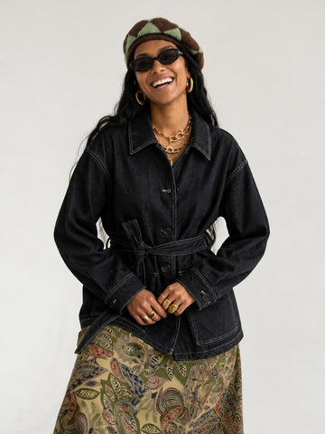 Confident Black Belted Denim Jacket