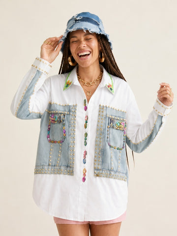 Audacious Beaded Rivet Denim Blouse