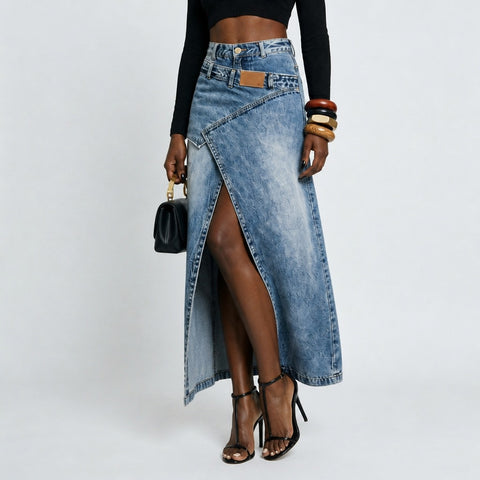 Daring Washed Denim Maxi Skirt
