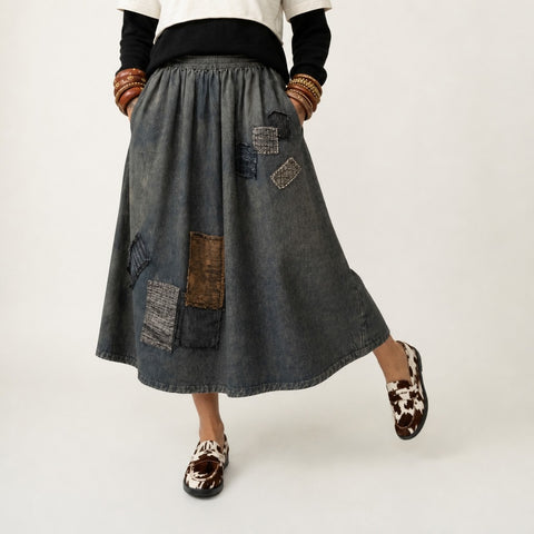 Unique Patchwork Denim Maxi Skirt