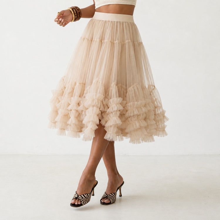 Ethereal Tiered Mesh Midi Skirt